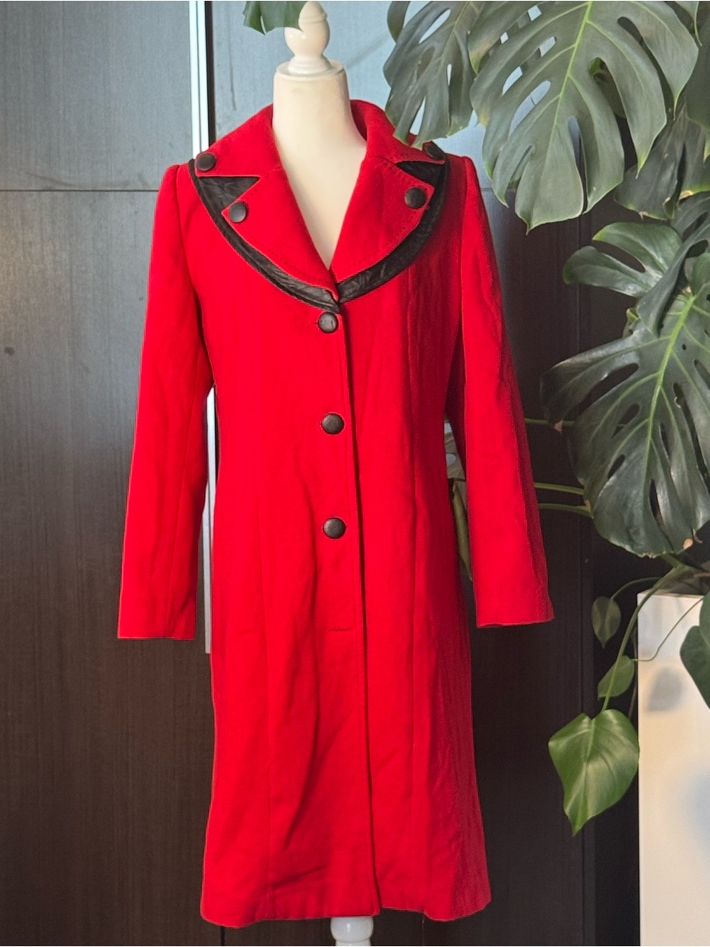 Women’s Red Trench Coat with Black Trim - Tailored Single-Breasted Style